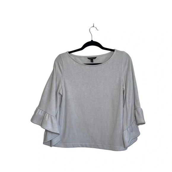 Banana Republic Light Gray Ruffle Flutter Sleeve Plush Sweater Small Women’s - Picture 1 of 11